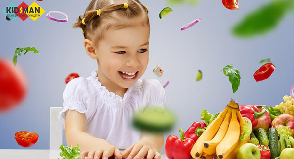 девочка с овощами и фруктами